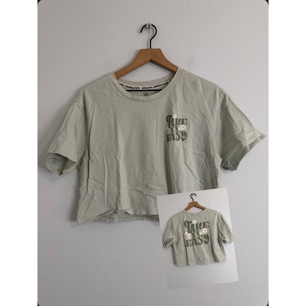Organic Generation - Green Cropped Graphic Tee "Take It Easy" Floral Size XL
